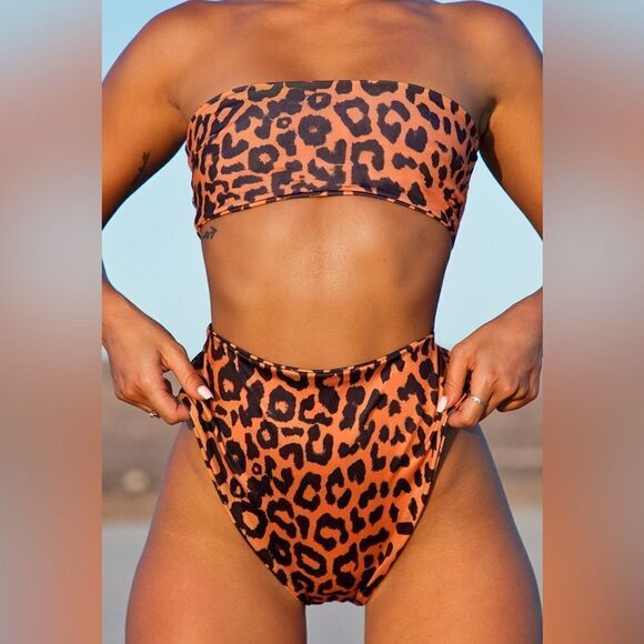 Pretty little Things Orange Cheetah Print High Waisted High Leg Bikini - Picture 2 of 7